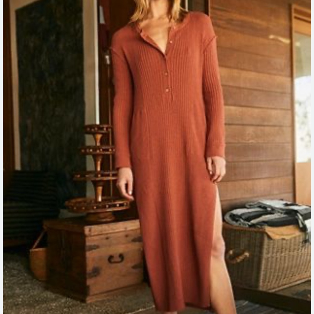 Free People Beach Ribbed Henley Midi Dress in Rust Size Small